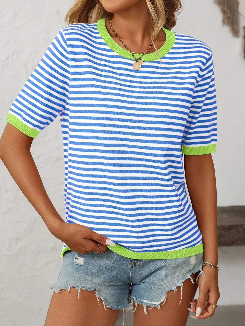 Mandy Striped Round Neck Half Sleeve Knit Top - Trendsi - Flyclothing LLC