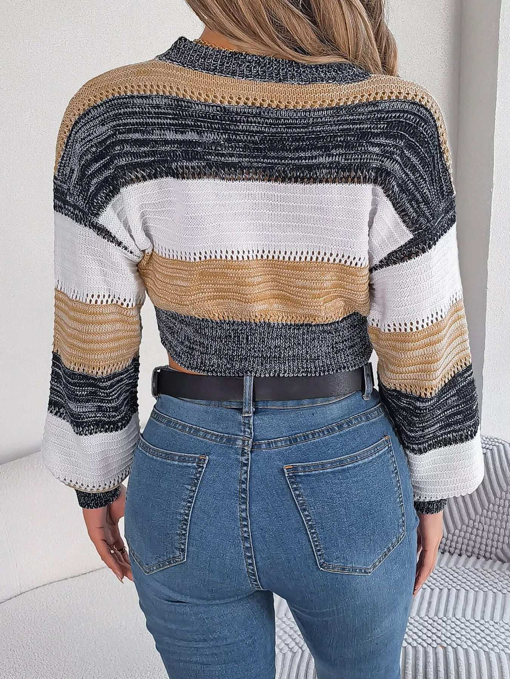 Cropped Striped Color Block Drop Shoulder Sweater - Trendsi - Flyclothing LLC