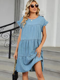 Tiered Round Neck Short Sleeve Denim Dress - Trendsi