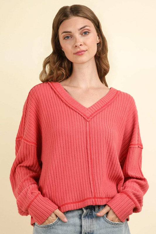 VERY J Exposed Seam V-Neck Ribbed Knit Top - Trendsi - Flyclothing LLC