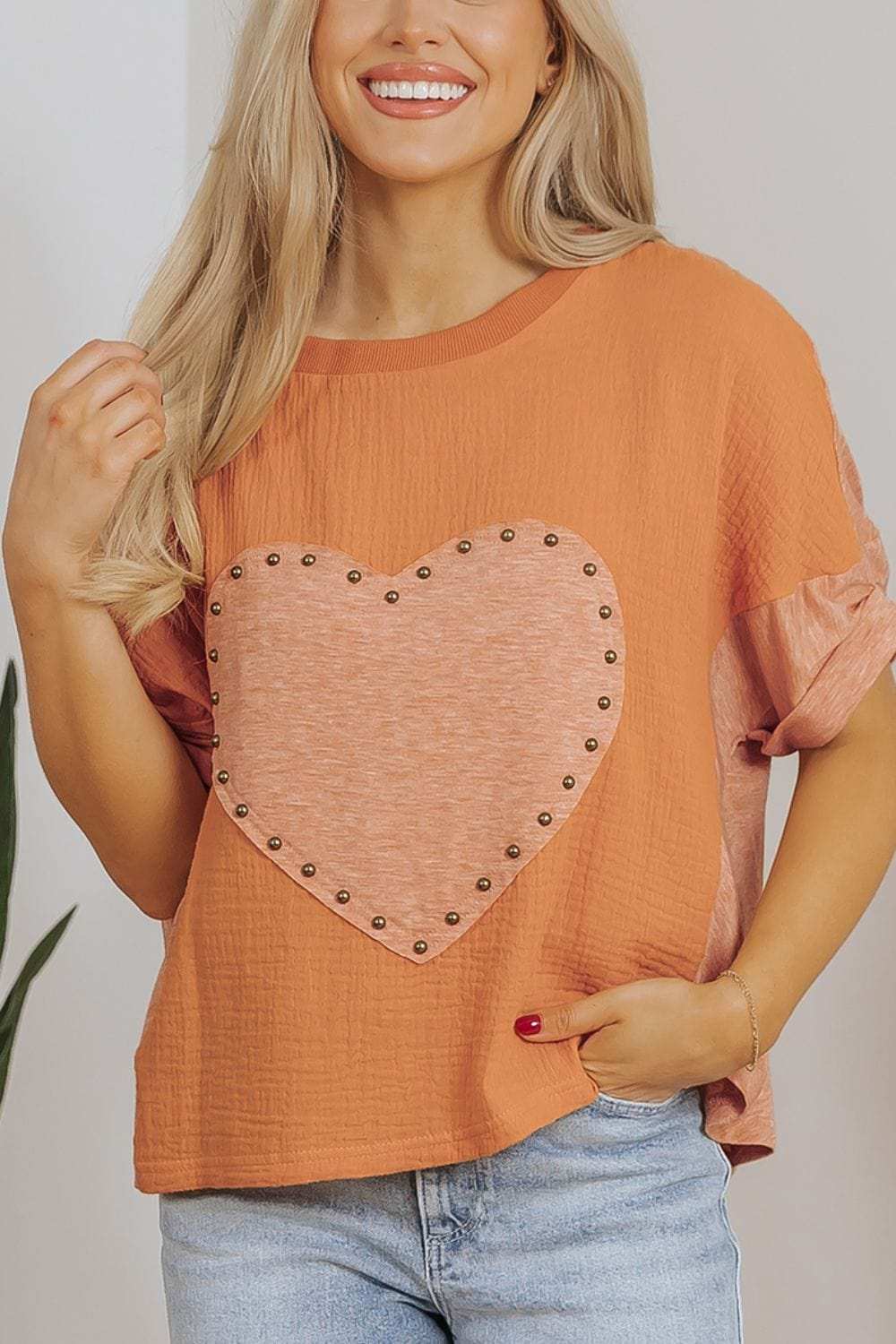 Stud Heart Patch Round Neck Short Sleeve T-Shirt - Trendsi - Flyclothing LLC