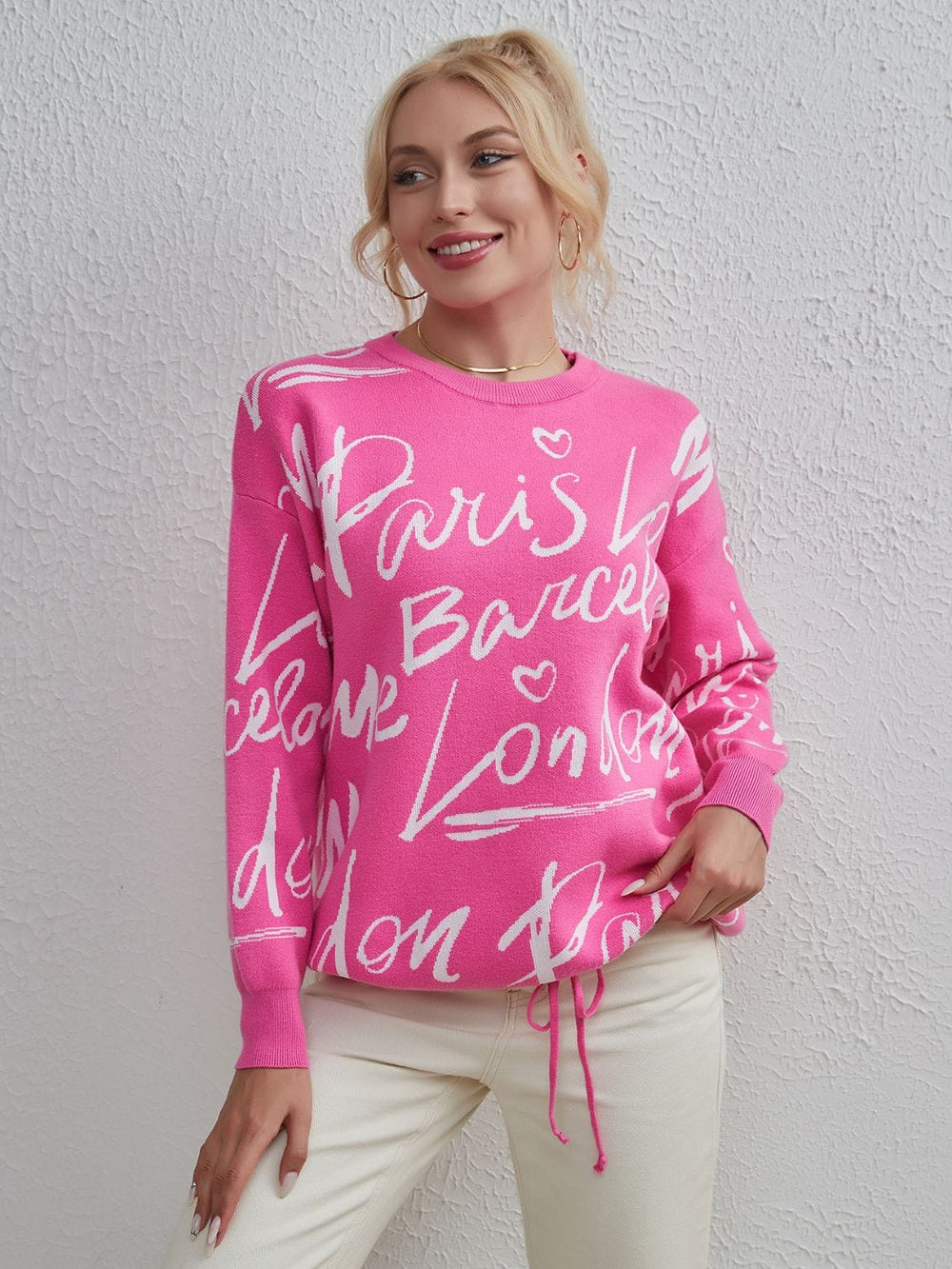 Drawstring Hem Letter Pattern Round Neck Dropped Shoulder Sweater - Trendsi