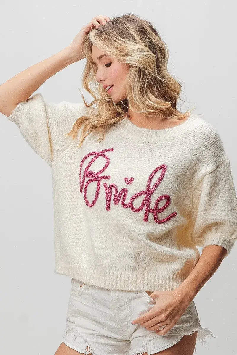 BiBi Metallic Letter Short Puff Sleeve Hairy Sweater - Trendsi - Flyclothing LLC