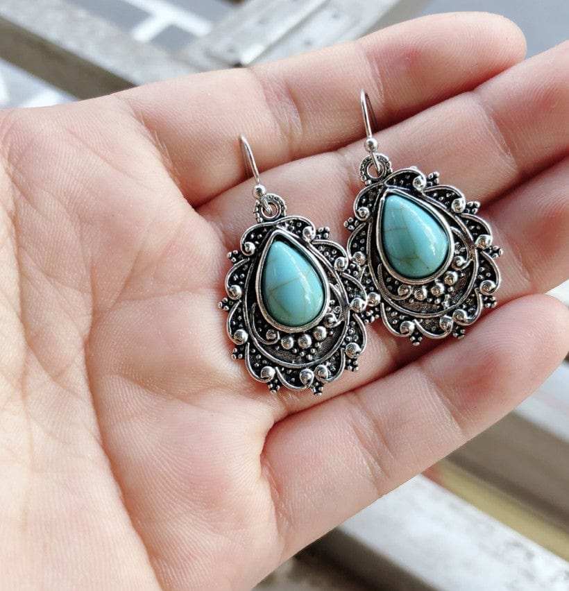 Artificial Turquoise Alloy Teardrop Dangle Earrings - Trendsi - Flyclothing LLC