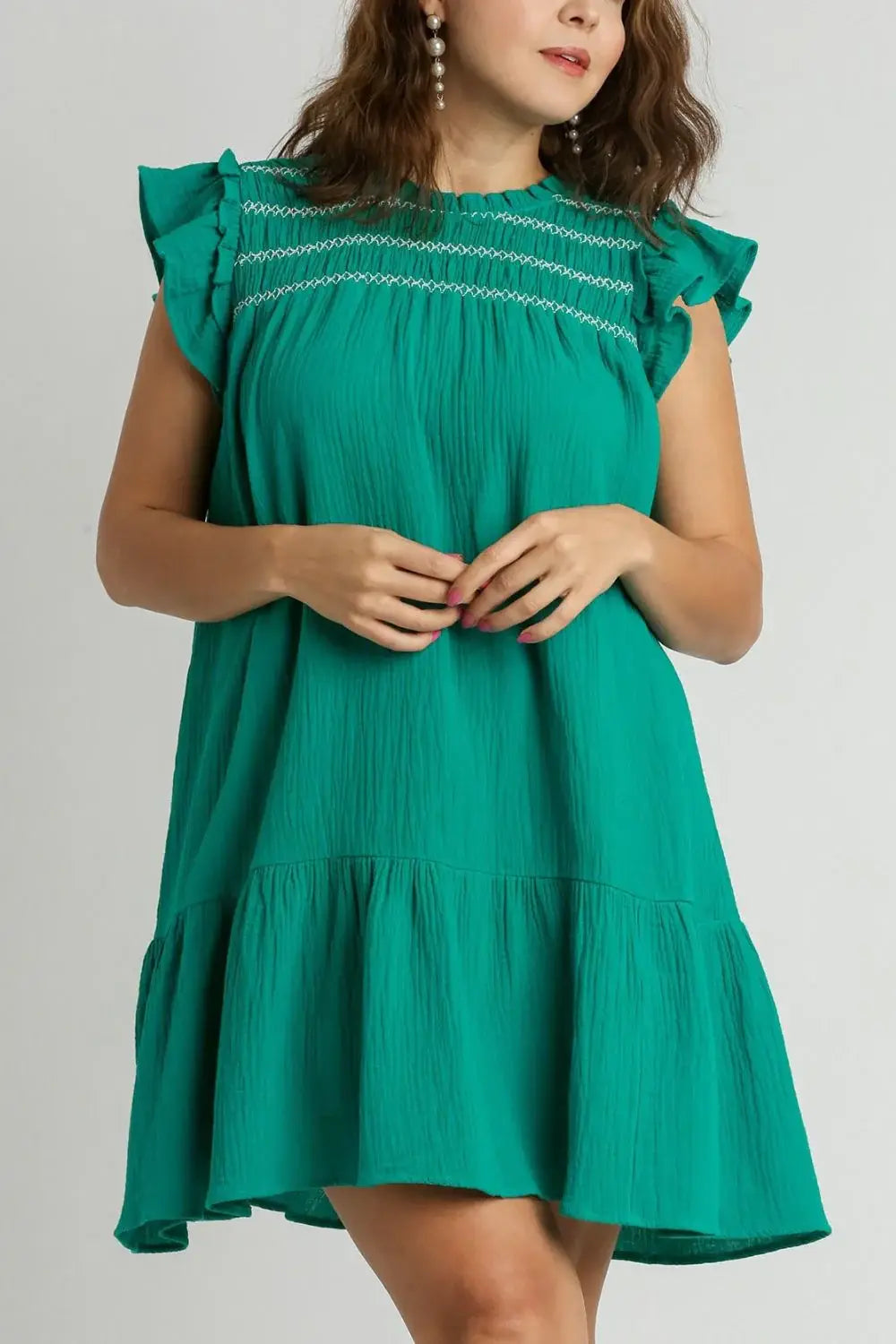 Umgee Full Size Smocked Contrast Stitching Ruffle Cap Sleeve Round Neck Dress Plus Size - Trendsi - Flyclothing LLC