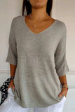 V-Neck Three-Quarter Sleeve Knit Top - Trendsi - Flyclothing LLC