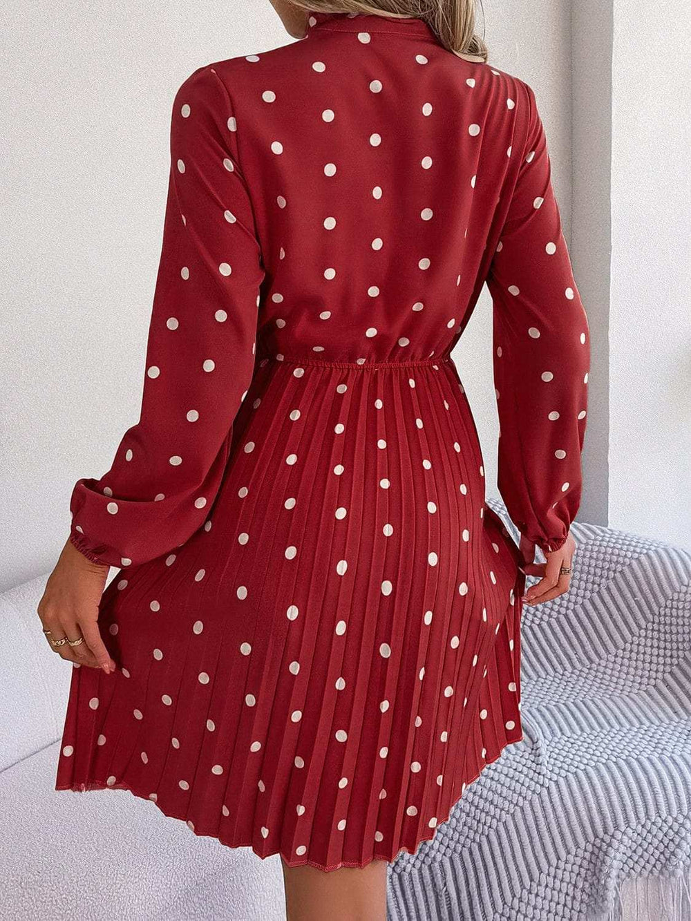 Polka Dot Tie Neck Pleated Dress - Trendsi - Flyclothing LLC