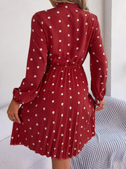 Polka Dot Tie Neck Pleated Dress - Trendsi