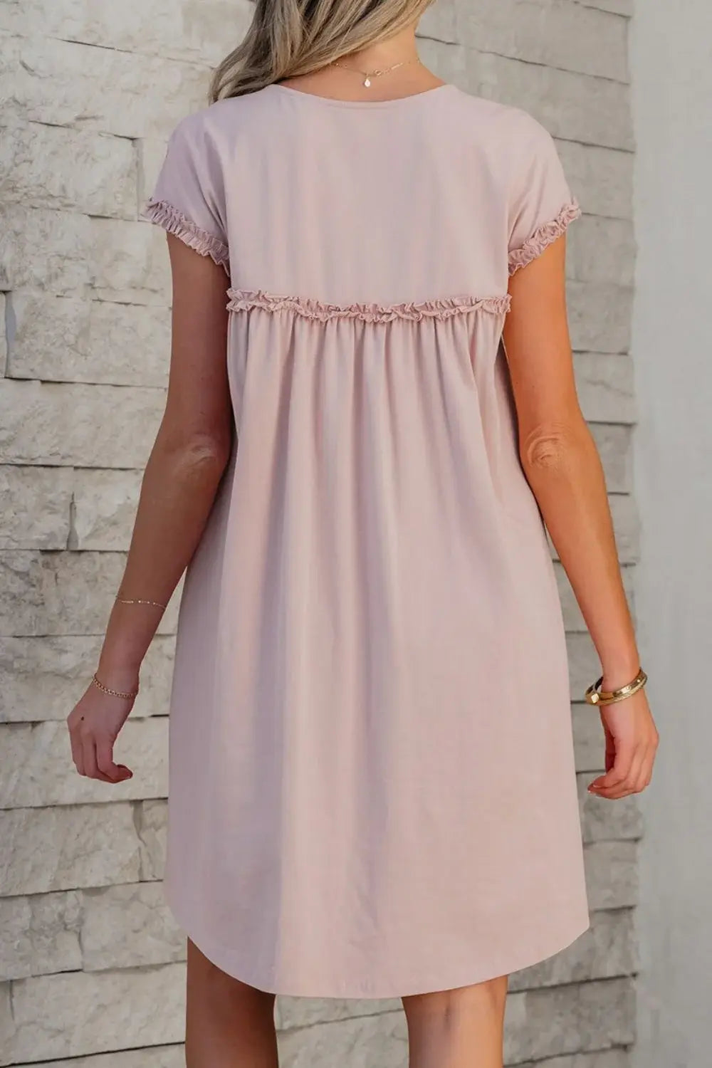 Frilled Trim Crew Neck Cap Sleeve Loose Fit Mini Dress - Trendsi - Flyclothing LLC