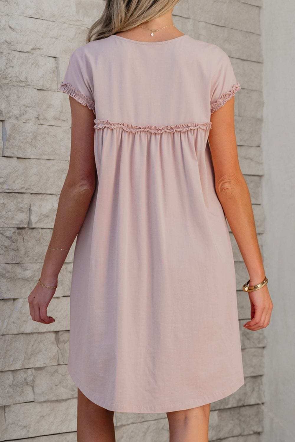 Frilled Trim Crew Neck Cap Sleeve Loose Fit Mini Dress - Trendsi - Flyclothing LLC