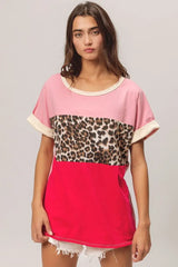 BiBi Leopard Printed Jersey Color Block Roll Up - Trendsi - Flyclothing LLC