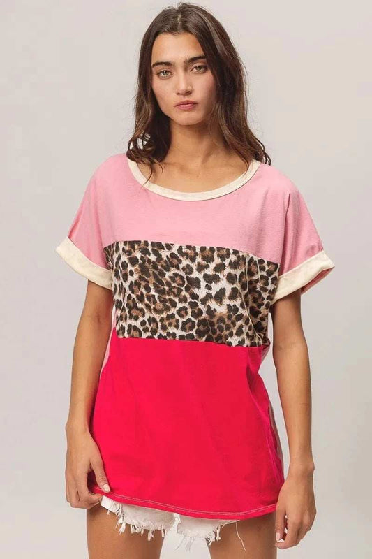 BiBi Leopard Printed Jersey Color Block Roll Up - Trendsi - Flyclothing LLC