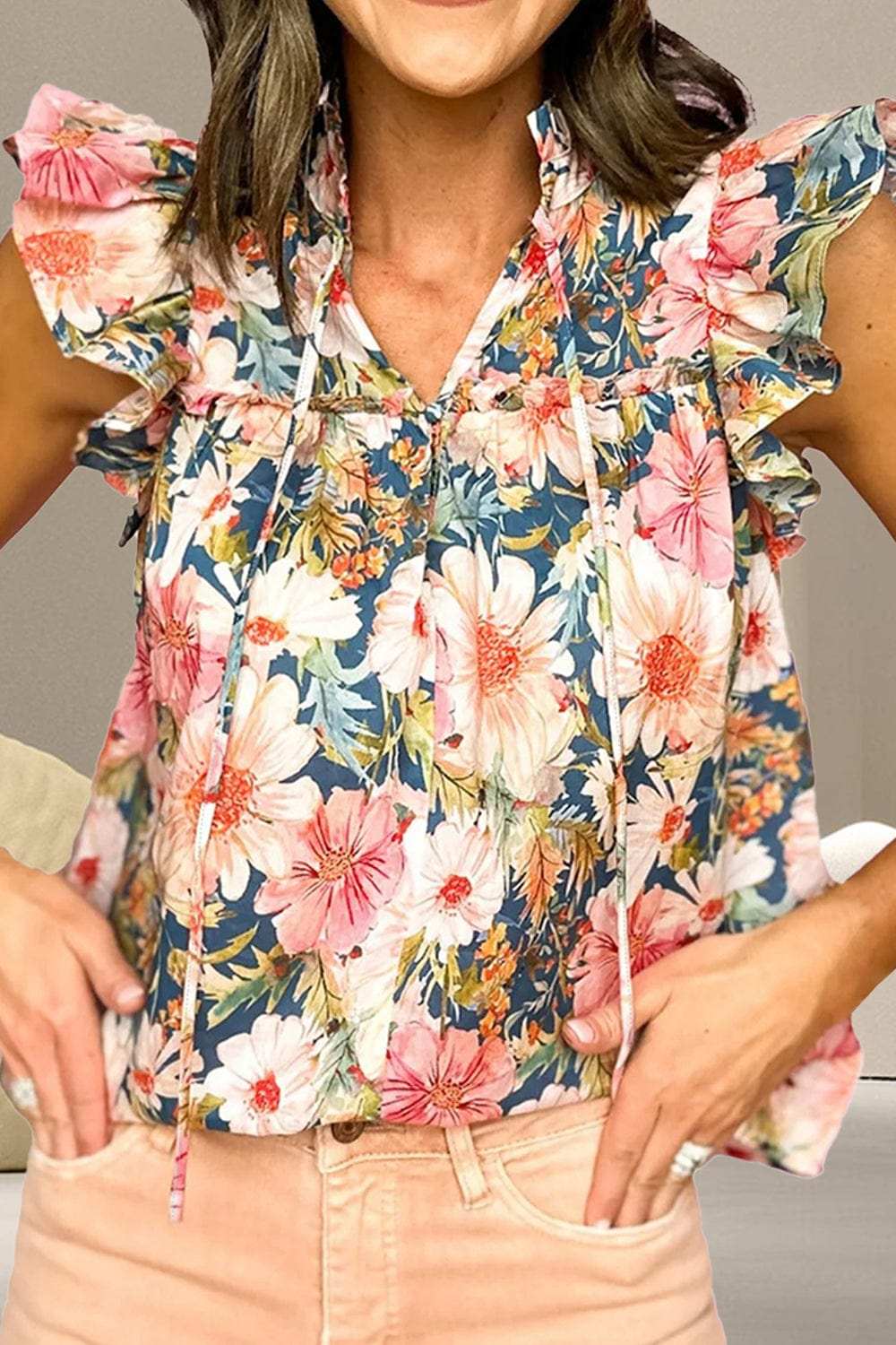 Ruffled Printed Tie Neck Cap Sleeve Blouse - Trendsi - Flyclothing LLC