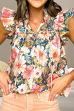 Ruffled Printed Tie Neck Cap Sleeve Blouse - Trendsi - Flyclothing LLC