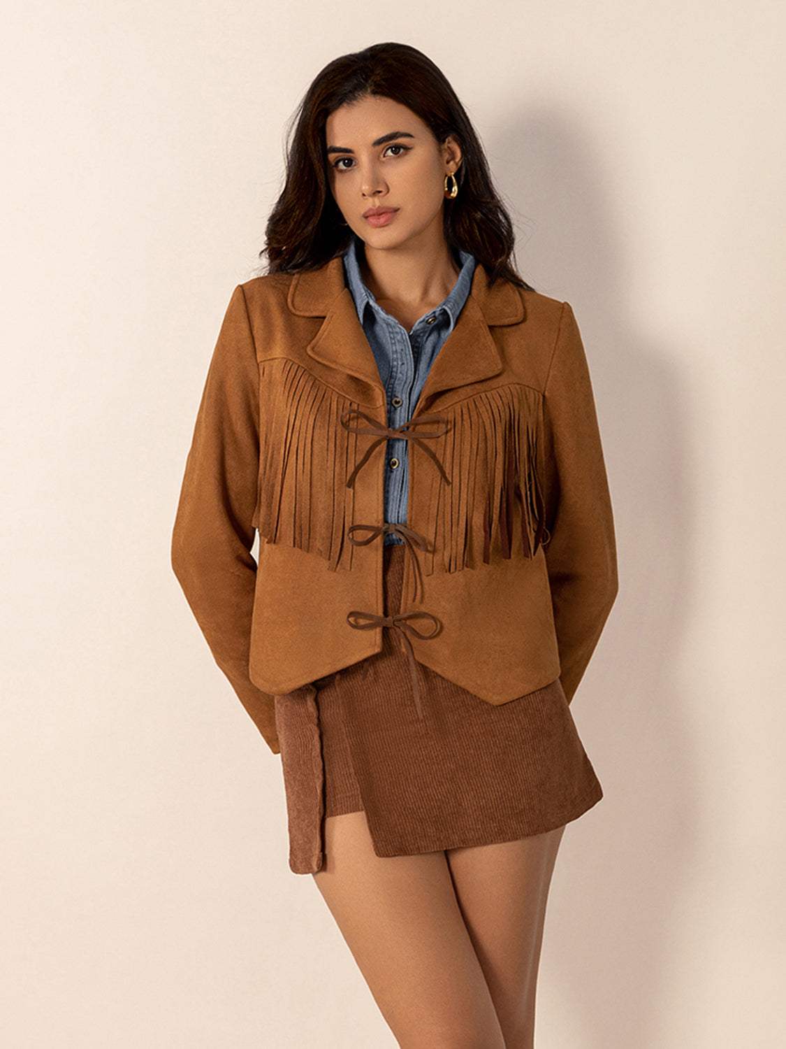 Tied Tassel Collared Neck Long Sleeve Jacket - Trendsi - Flyclothing LLC