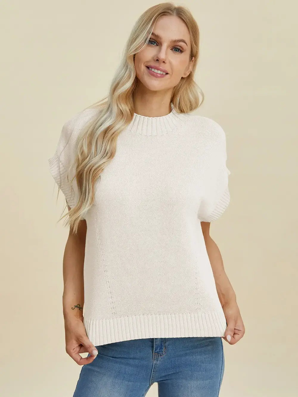Double Take Full Size Mock Neck Short Sleeve Sweater - Trendsi - Flyclothing LLC