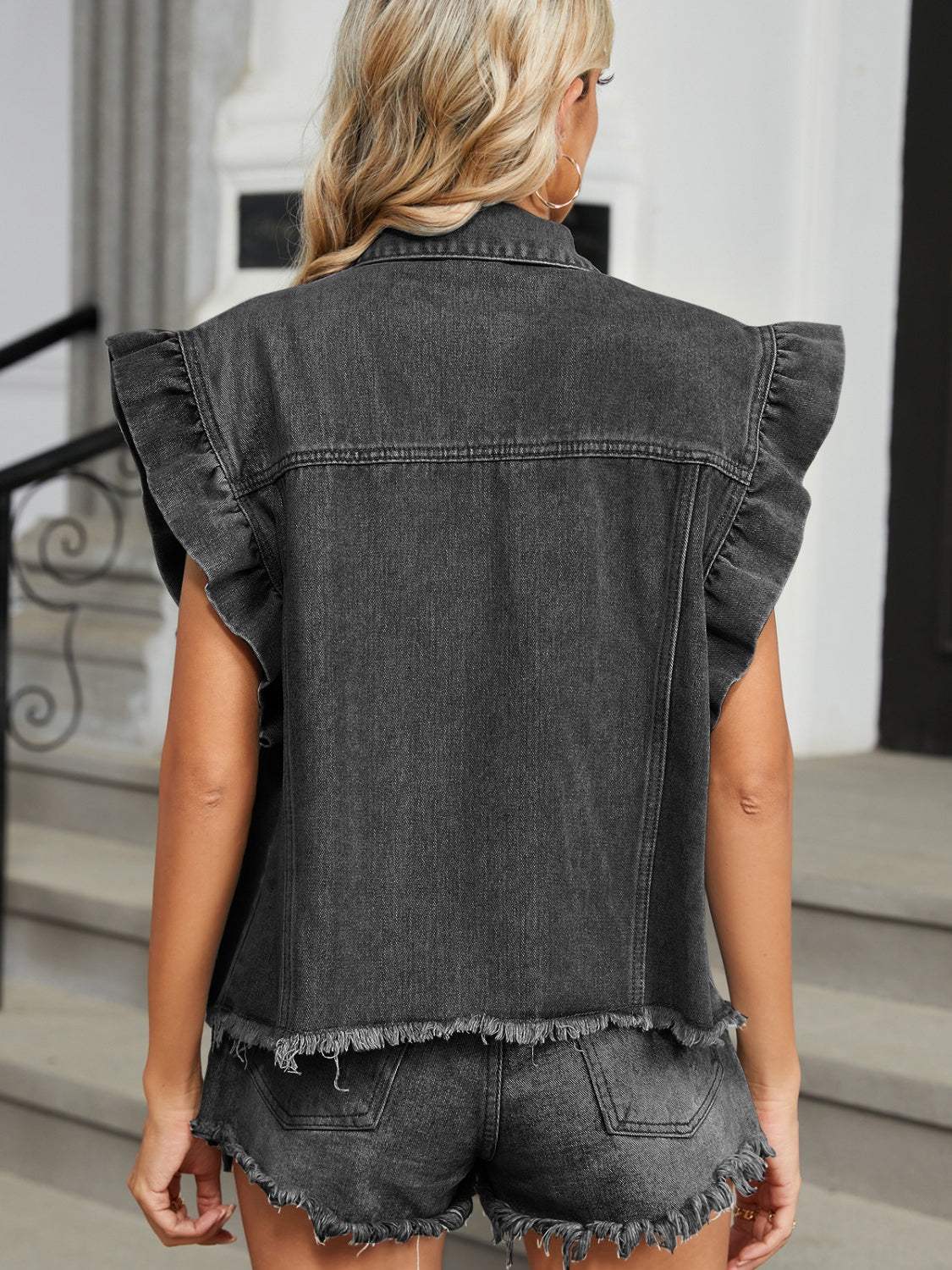 Raw Hem Cap Sleeve Denim Jacket - Trendsi - Flyclothing LLC
