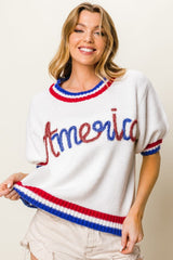 BiBi Metallic America Letter Short Sleeve Sweater - Trendsi