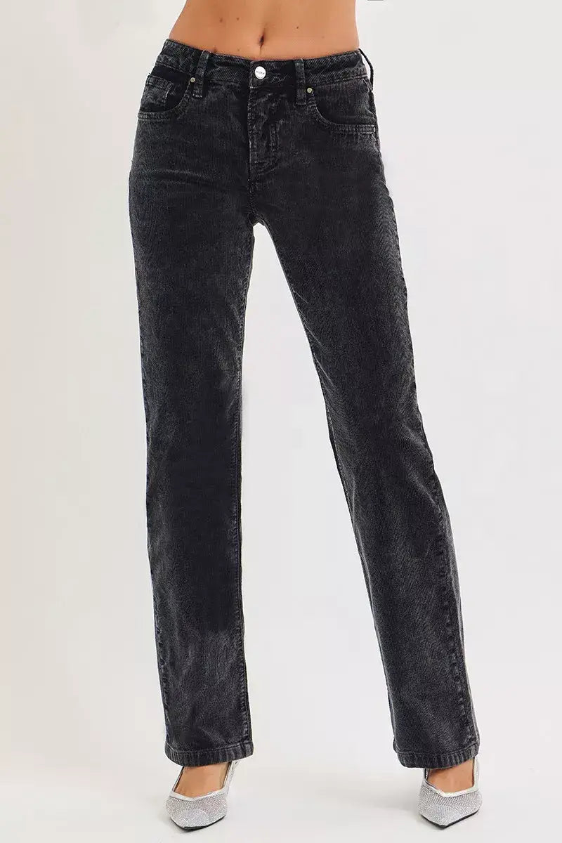 RISEN Tummy Control Mid Rise Straight Leg Corduroy Pants - Trendsi - Flyclothing LLC