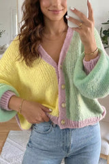 V Neck Drop Shoulder Patchwork Regular Wash Knitwear Cardigan - Trendsi - Flyclothing LLC