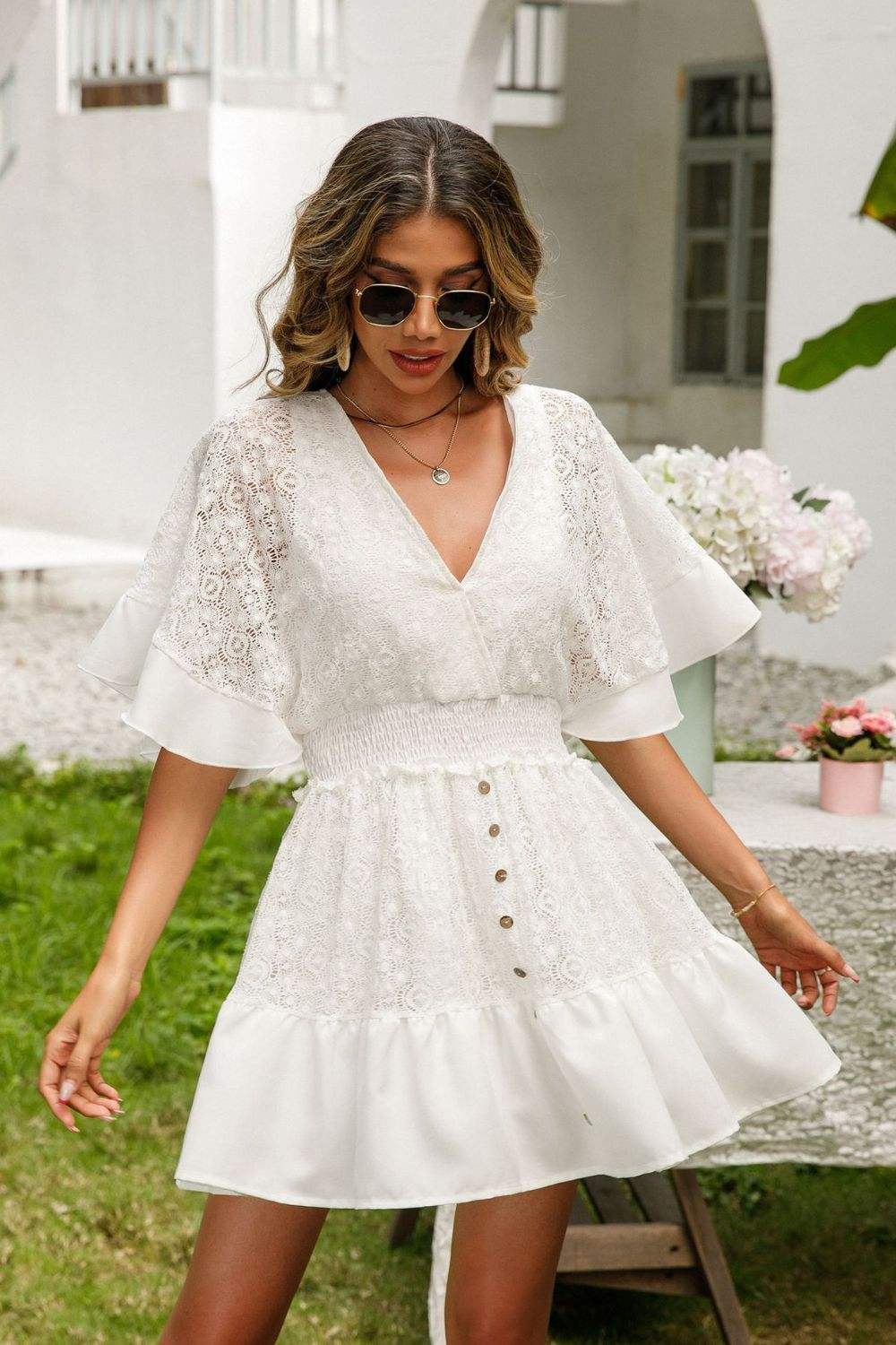 Lace Cutout Surplice Half Sleeve Dress - Trendsi - Flyclothing LLC