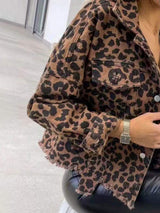 Raw Hem Leopard Collared Neck Denim Jacket - Trendsi - Flyclothing LLC