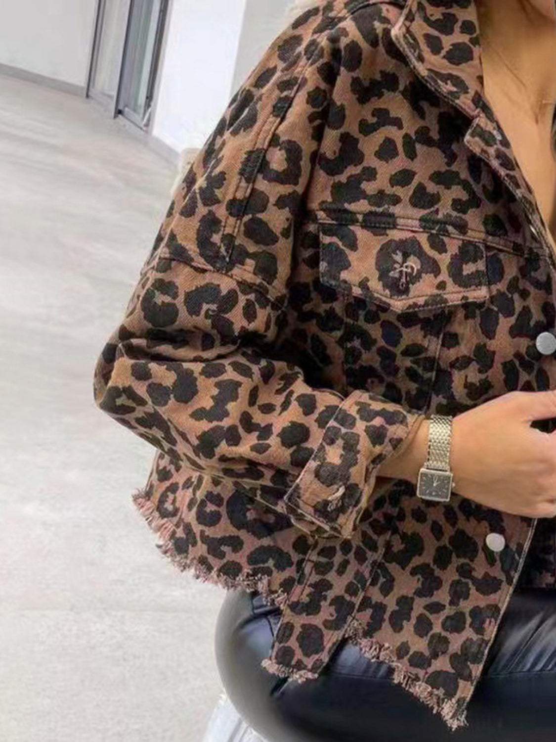 Raw Hem Leopard Collared Neck Denim Jacket - Trendsi - Flyclothing LLC