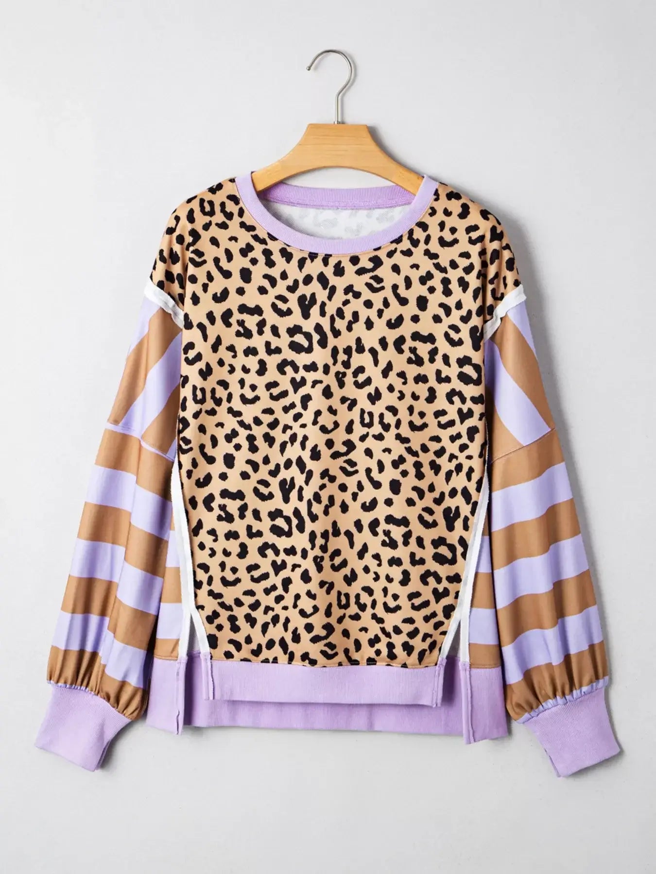 Stripe Color Block Patchwork Leopard Casual Sweatshirt with Slits - Trendsi - Flyclothing LLC