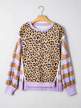 Stripe Color Block Patchwork Leopard Casual Sweatshirt with Slits - Trendsi - Flyclothing LLC
