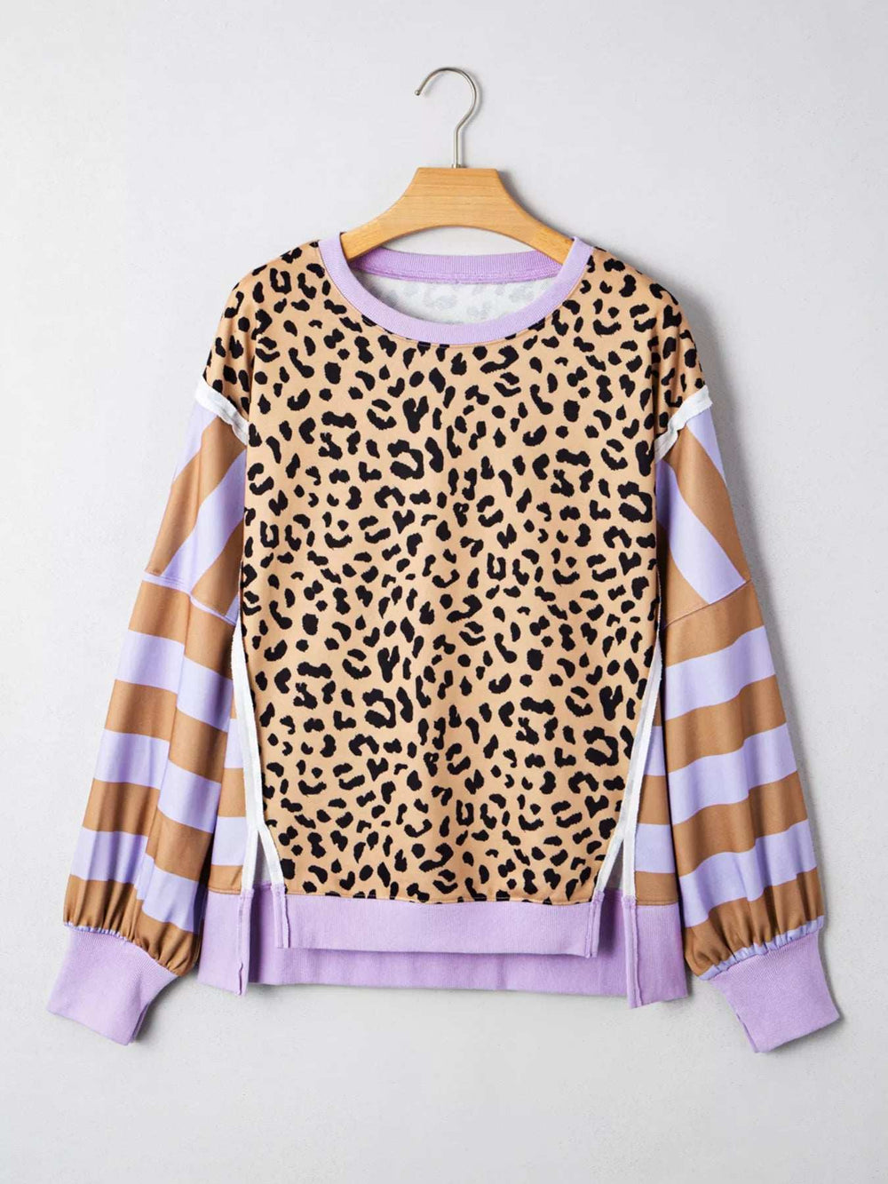 Stripe Color Block Patchwork Leopard Casual Sweatshirt with Slits - Trendsi - Flyclothing LLC