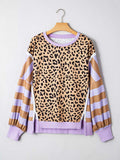 Stripe Color Block Patchwork Leopard Casual Sweatshirt with Slits - Trendsi - Flyclothing LLC