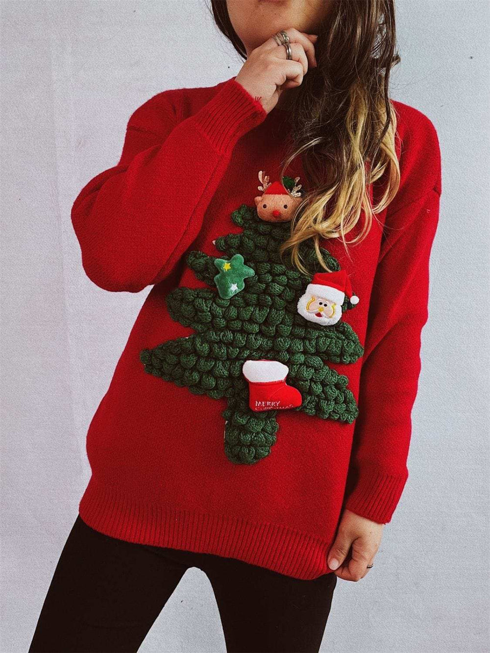 Christmas Tree Round Neck Long Sleeve Sweater - Trendsi - Flyclothing LLC