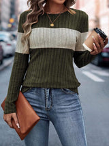 Color Block Round Neck Long Sleeve Top - Trendsi - Flyclothing LLC
