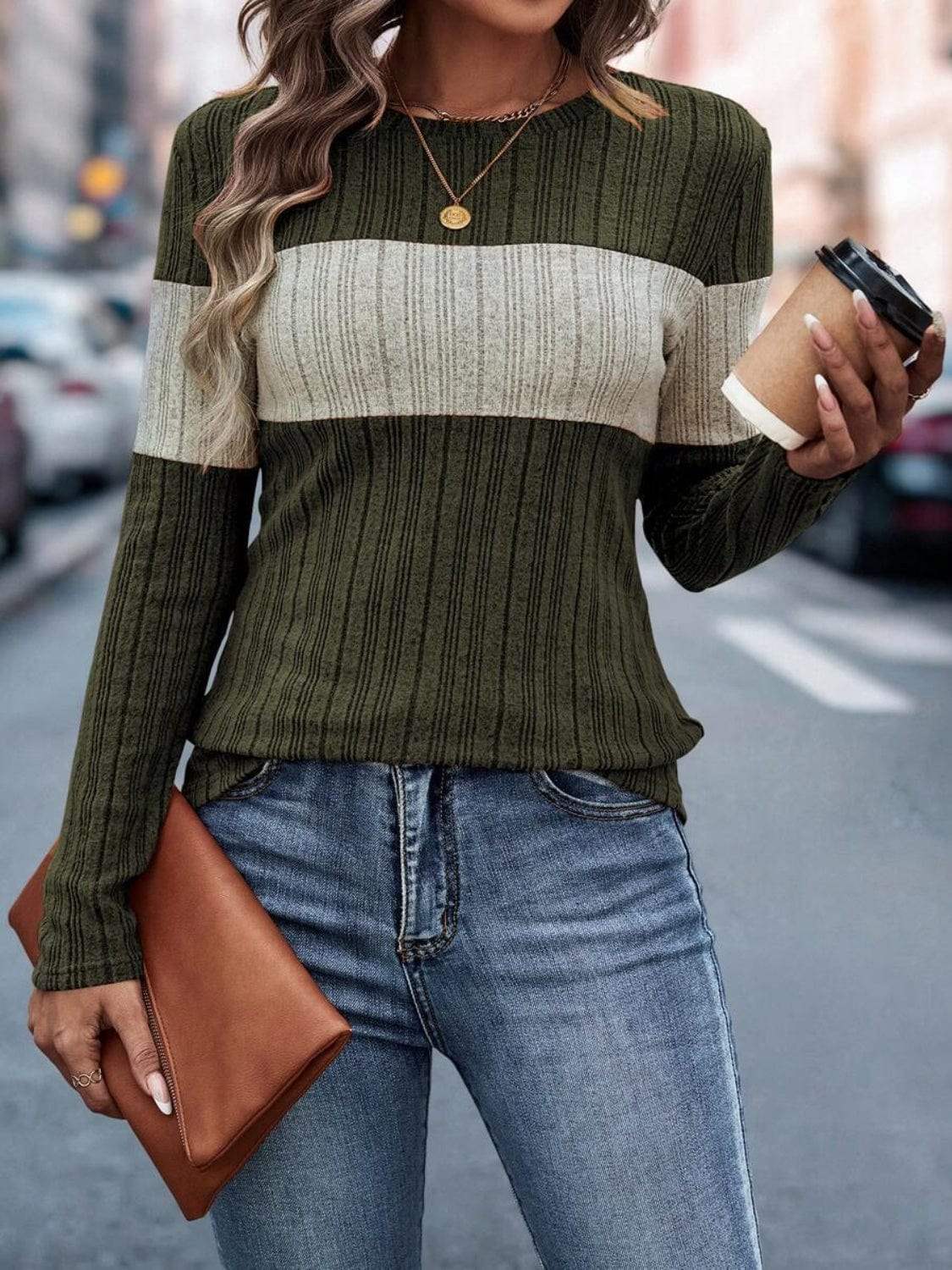 Color Block Round Neck Long Sleeve Top - Trendsi - Flyclothing LLC