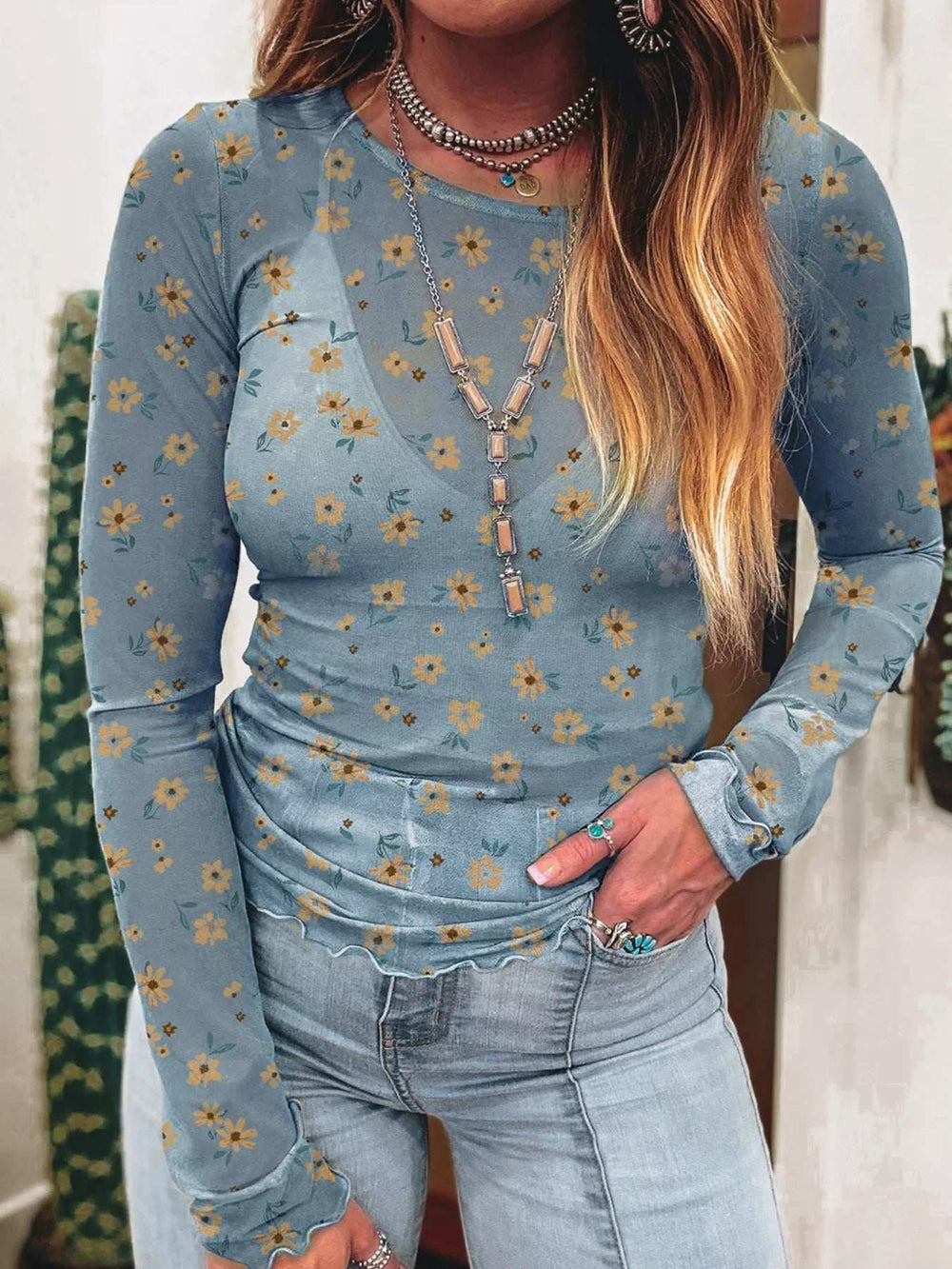 Floral Print Long Sleeve Mesh Blouse - Trendsi - Flyclothing LLC
