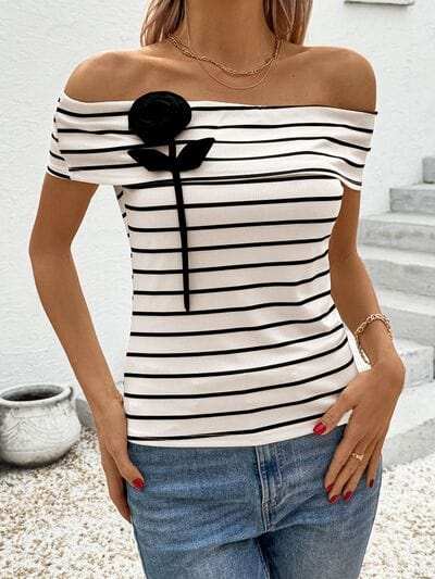 Perfee Striped Off-Shoulder Short Sleeve T-Shirt - Trendsi - Flyclothing LLC