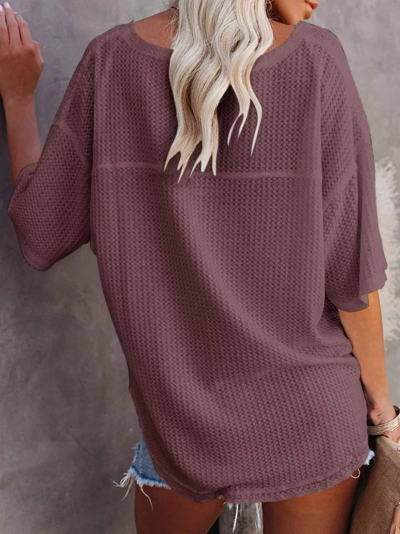 Waffle Knit V-Neck Short Sleeve T-Shirt - Trendsi - Flyclothing LLC