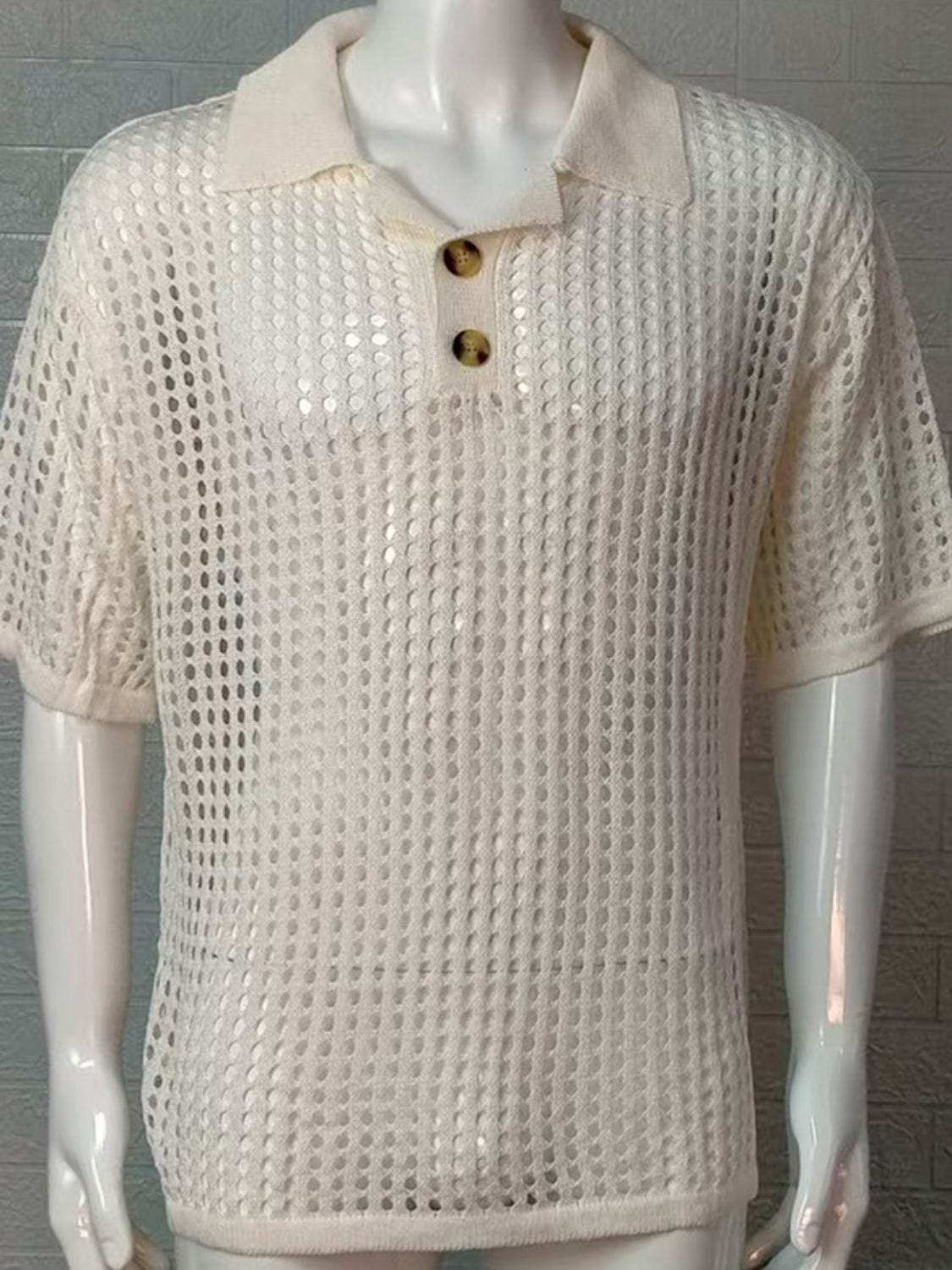 Men's Plus Size Openwork Collared Neck Quarter Button Knit Polo - Trendsi - Flyclothing LLC