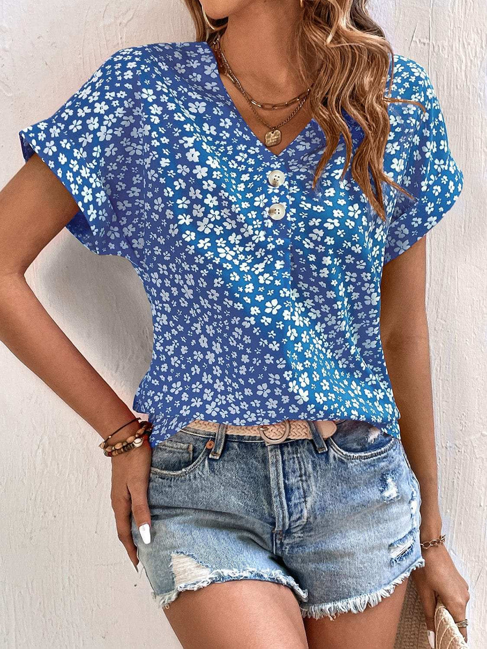 Printed V-Neck Short Sleeve Blouse - Trendsi - Flyclothing LLC