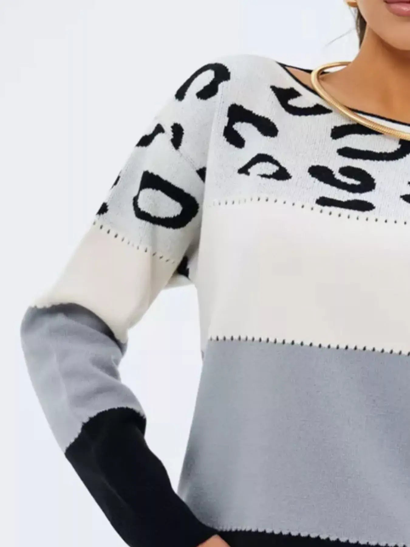 Full Size Leopard Color Block Long Sleeve Sweater Plus Size - Trendsi - Flyclothing LLC