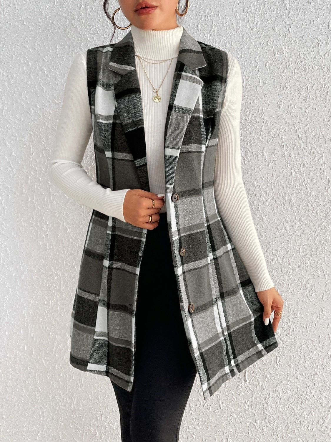Honey Plaid Button Up Vest Coat - Trendsi