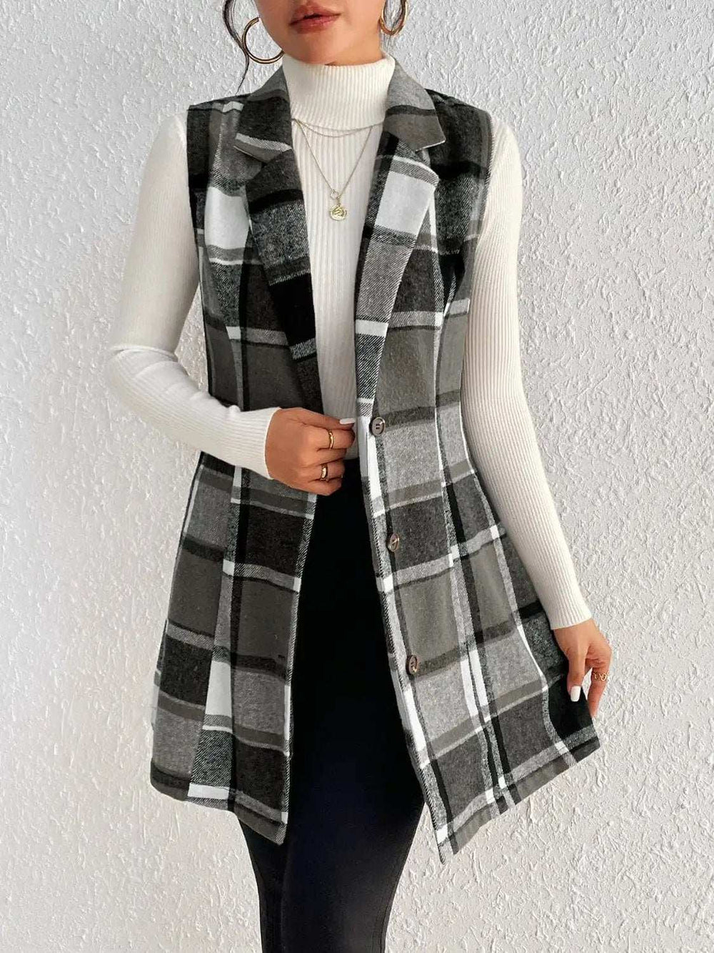 Honey Plaid Button Up Vest Coat - Trendsi - Flyclothing LLC