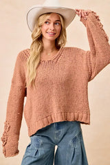 BiBi Chunky Knit Sweater with Flower Detail Sleeves - Trendsi - Flyclothing LLC