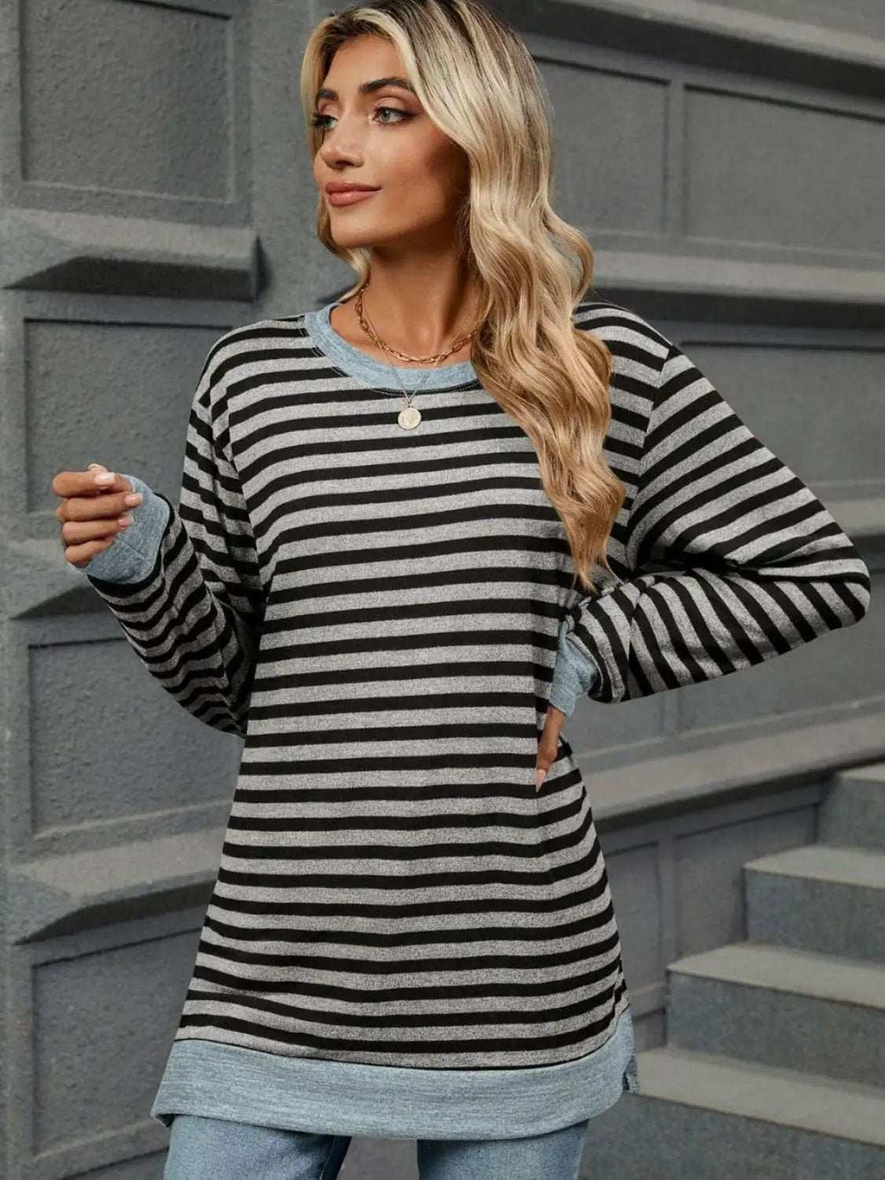 Striped Round Neck Long Sleeve T-Shirt - Trendsi - Flyclothing LLC