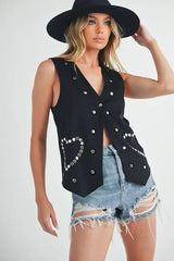 Aemi + Co Heart Rivet Detail Suede Vest Coat - Trendsi - Flyclothing LLC
