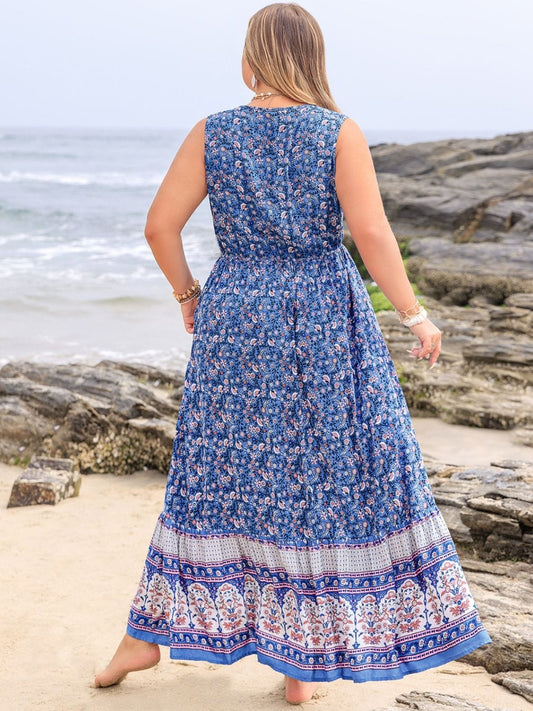 Plus Size Tied Printed Sleeveless Maxi Dress - Trendsi