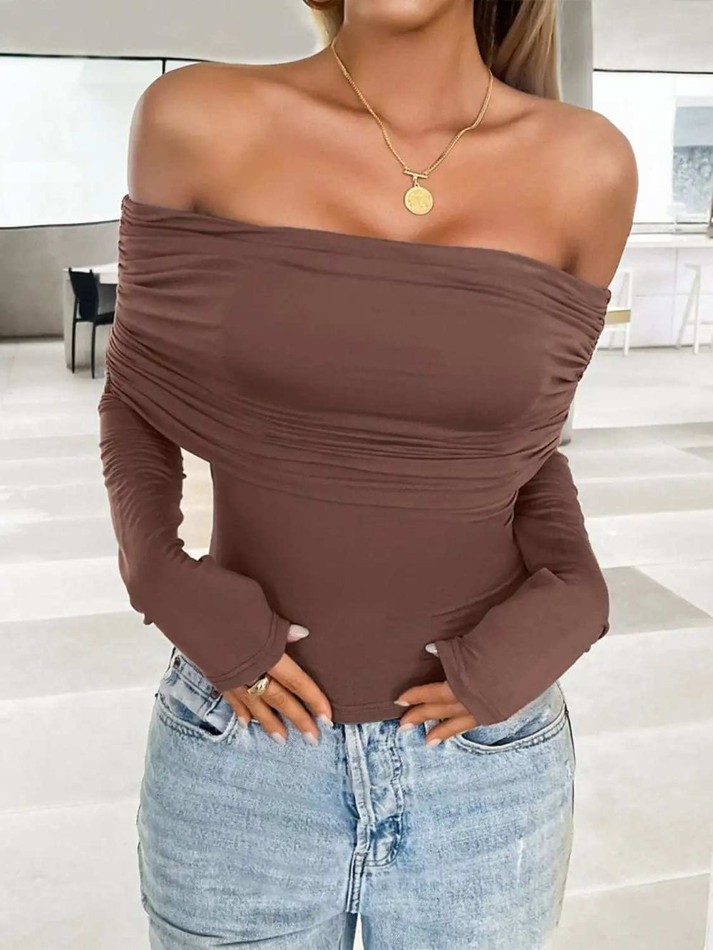 Ruched Off-Shoulder Long Sleeve T-Shirt - Trendsi - Flyclothing LLC