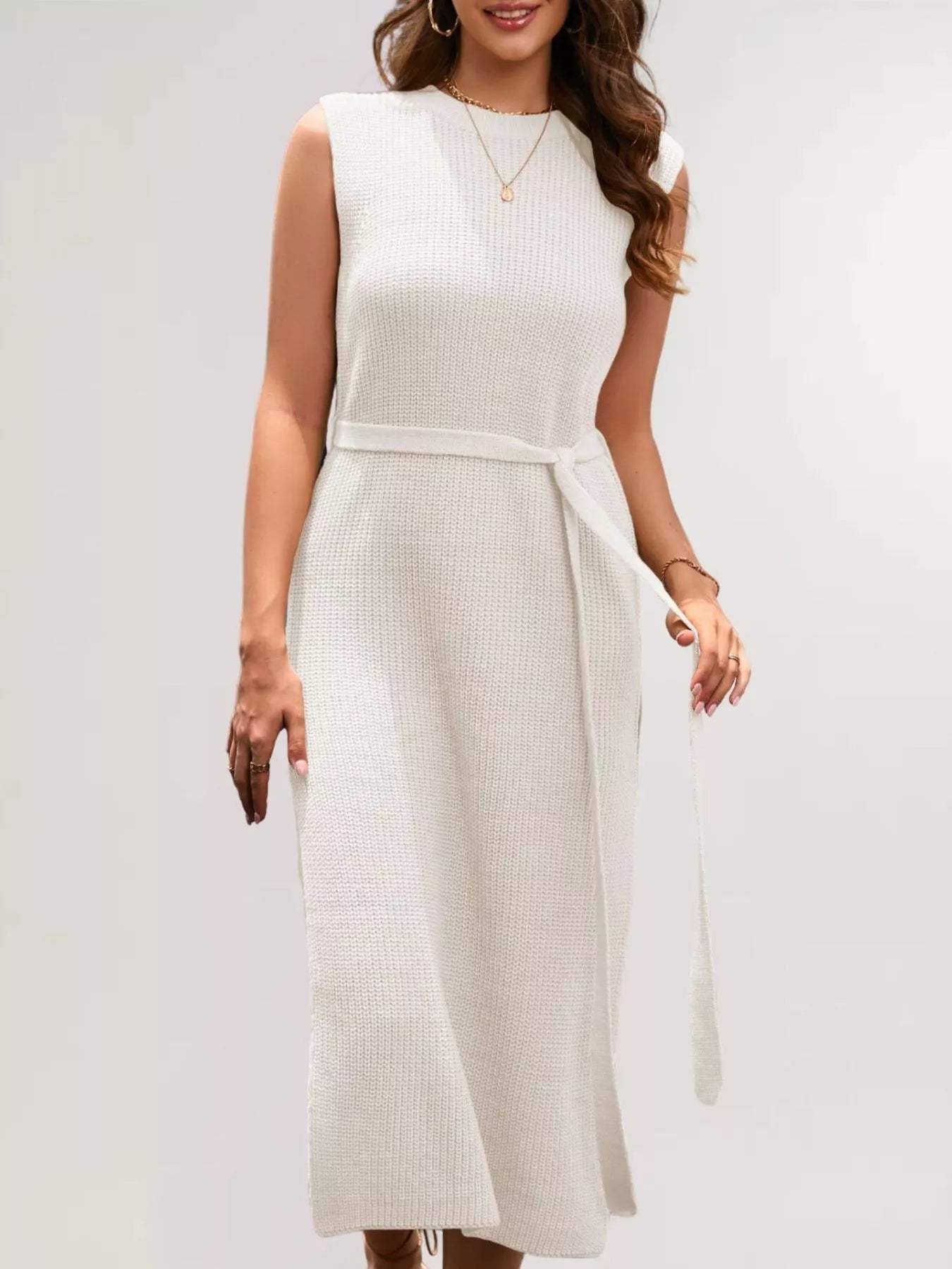 Side Slit Sleeveless Knit Midi Dress - Trendsi - Flyclothing LLC