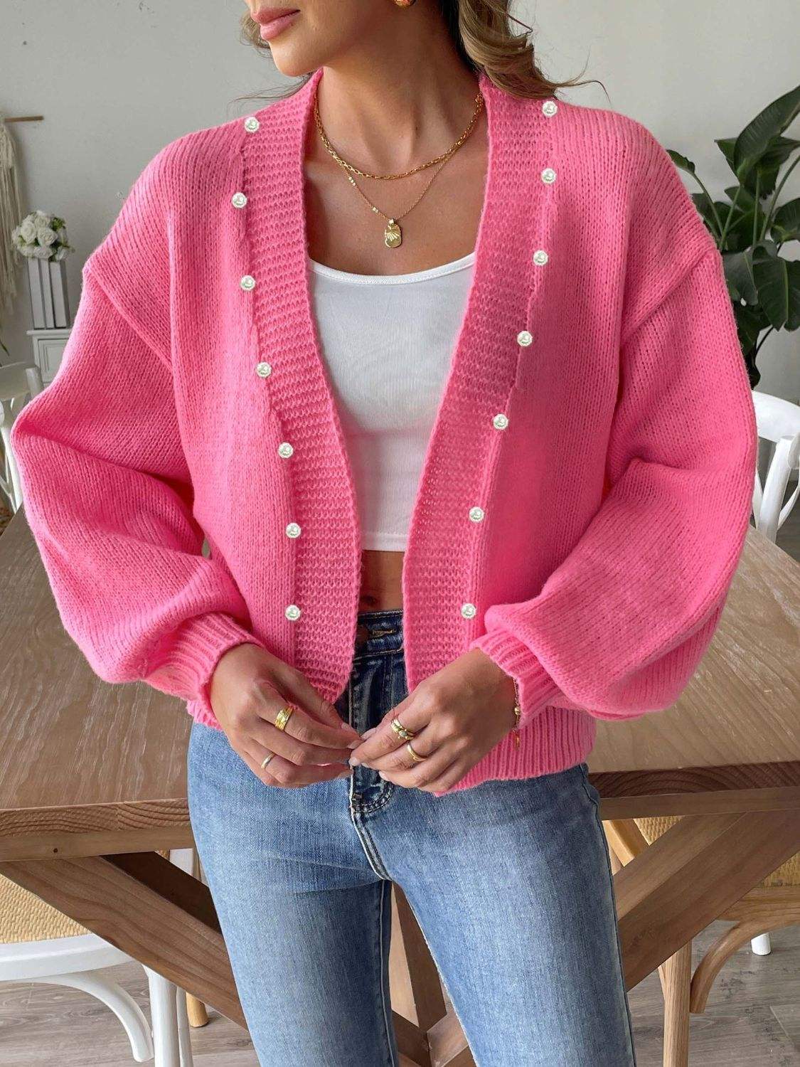 Pearl Open Front Long Sleeve Cardigan - Trendsi - Flyclothing LLC