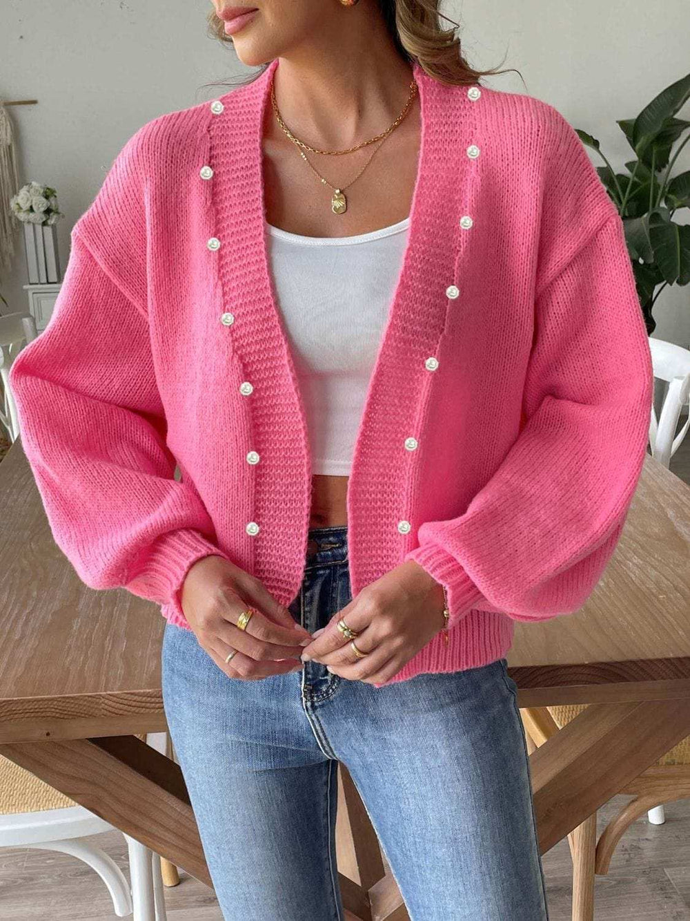 Pearl Open Front Long Sleeve Cardigan - Trendsi - Flyclothing LLC